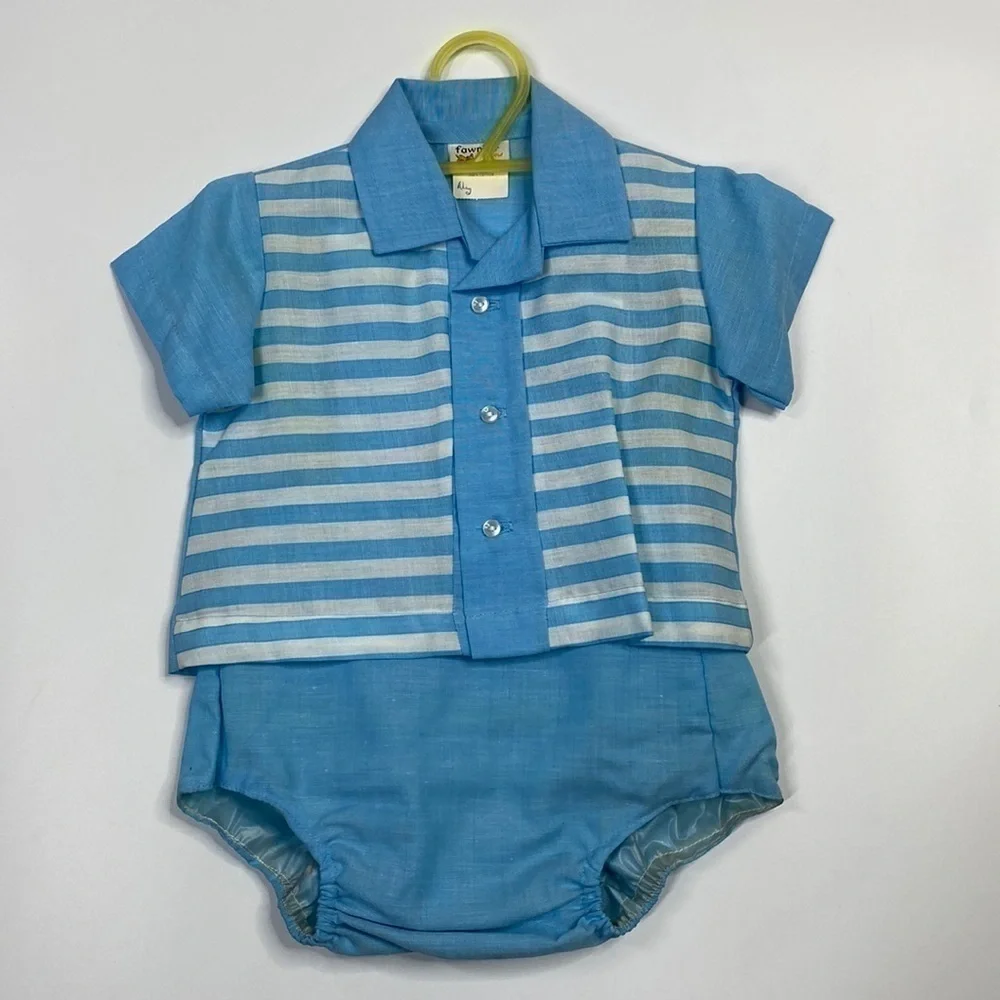 Vintage Fawn Fashion 2 Piece Baby Boy Blue Outfit Medium 13-20 LBS 70s